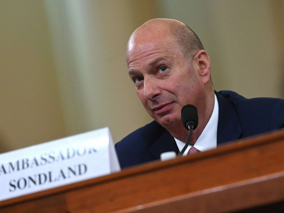 PHOTO: U.S. Ambassador to the European Union Gordon Sondland testifies during the House Intelligence Committee hearing as part of the impeachment inquiry on Capitol Hill in Washington, D.C., Nov. 20, 2019.