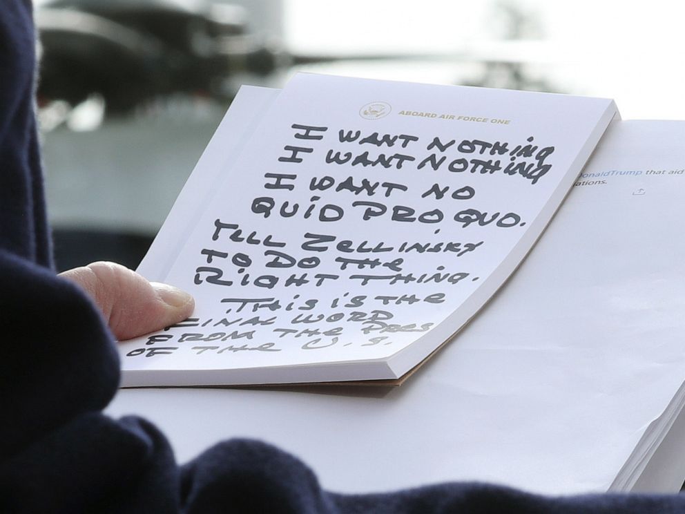 PHOTO: President Donald Trump holds his notes while speaking to the media before departing from the White House, Nov. 20, 2019. President Trump spoke about the impeachment inquiry hearings currently taking place on Capitol Hill.