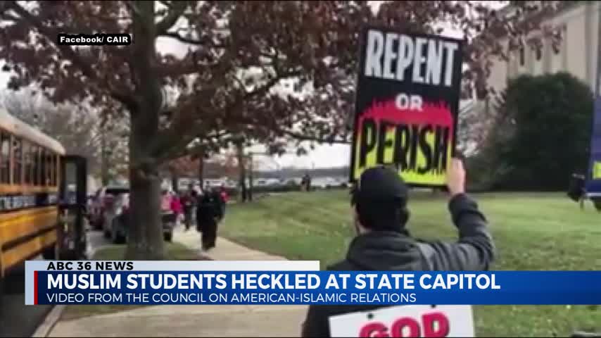Middle school-aged Muslim students get heckled outside the State Capitol in Frankfort during the first Kentucky Muslim Day at the Capitol 1-22-20
