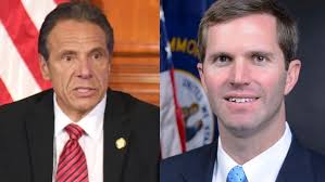 Split screen of Democratic Governors Andrew Cuomo of New York and Andy Beshear of Kentucky