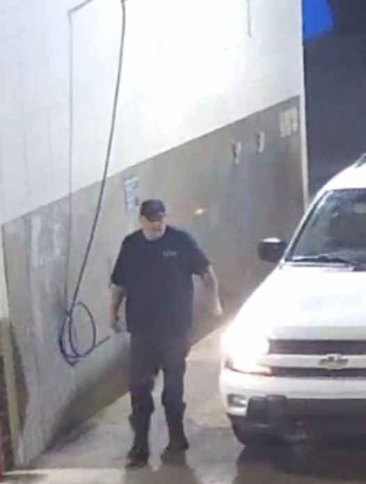 Security camera image of man accused of stealing spray gun and foam brush from Logan's Car Wash on 4-18-20