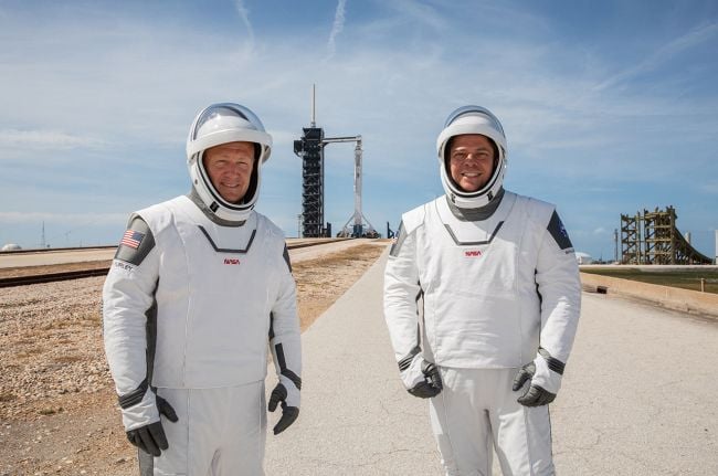 NASA astronauts Doug Hurley (at left) and Bob Behnken (right) participate in a dress rehearsal for their launch at the agency's Kennedy Space Center in Florida on May 23