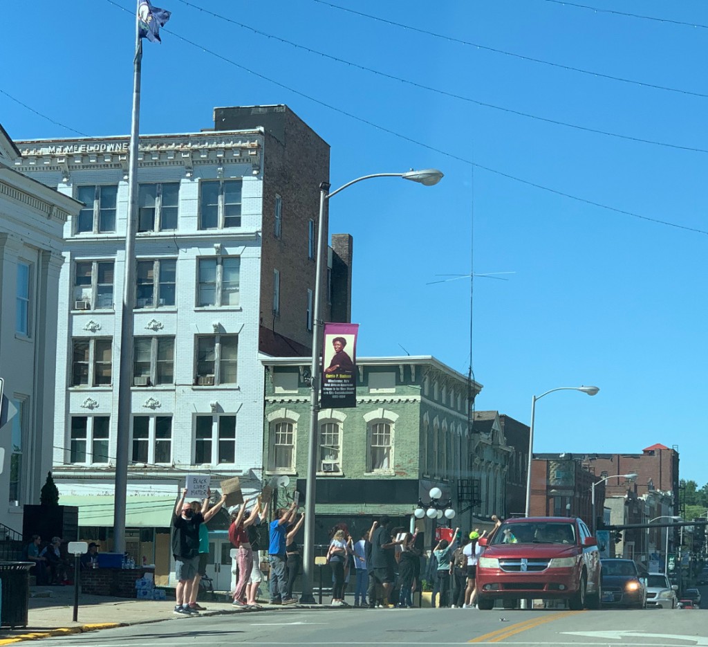 Protesters line parts of Main Street in downtown Winchester on 5-31-20 calling for an end to police brutality.  Photo courtesy of Deborah Fraley