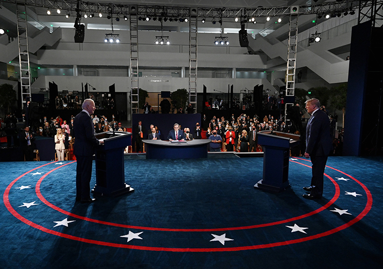U.S. President Donald Trump (R) and former Vice President Democratic presidential nominee Joe Biden participate in the first presidential debate at the Health Education Campus of Case Western Reserve University on September 29, 2020 in Cleveland, Ohio. 