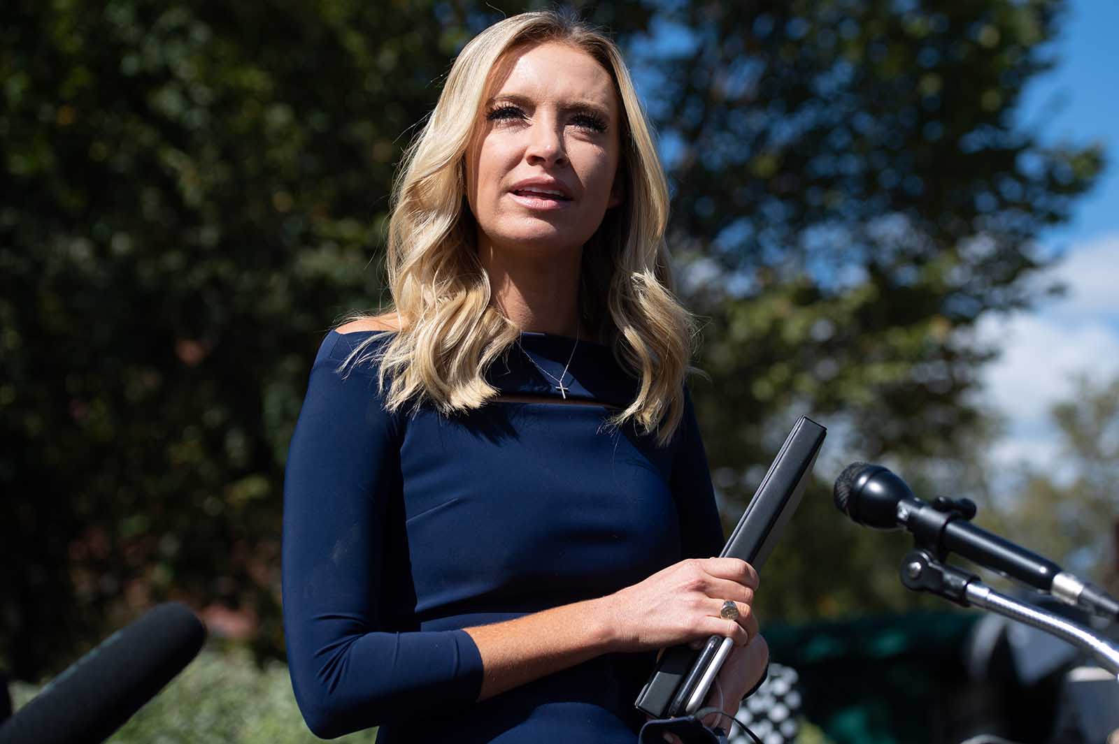 White House Press Secretary Kayleigh McEnany speaks with members of the media at the White House in Washington, on Friday. 