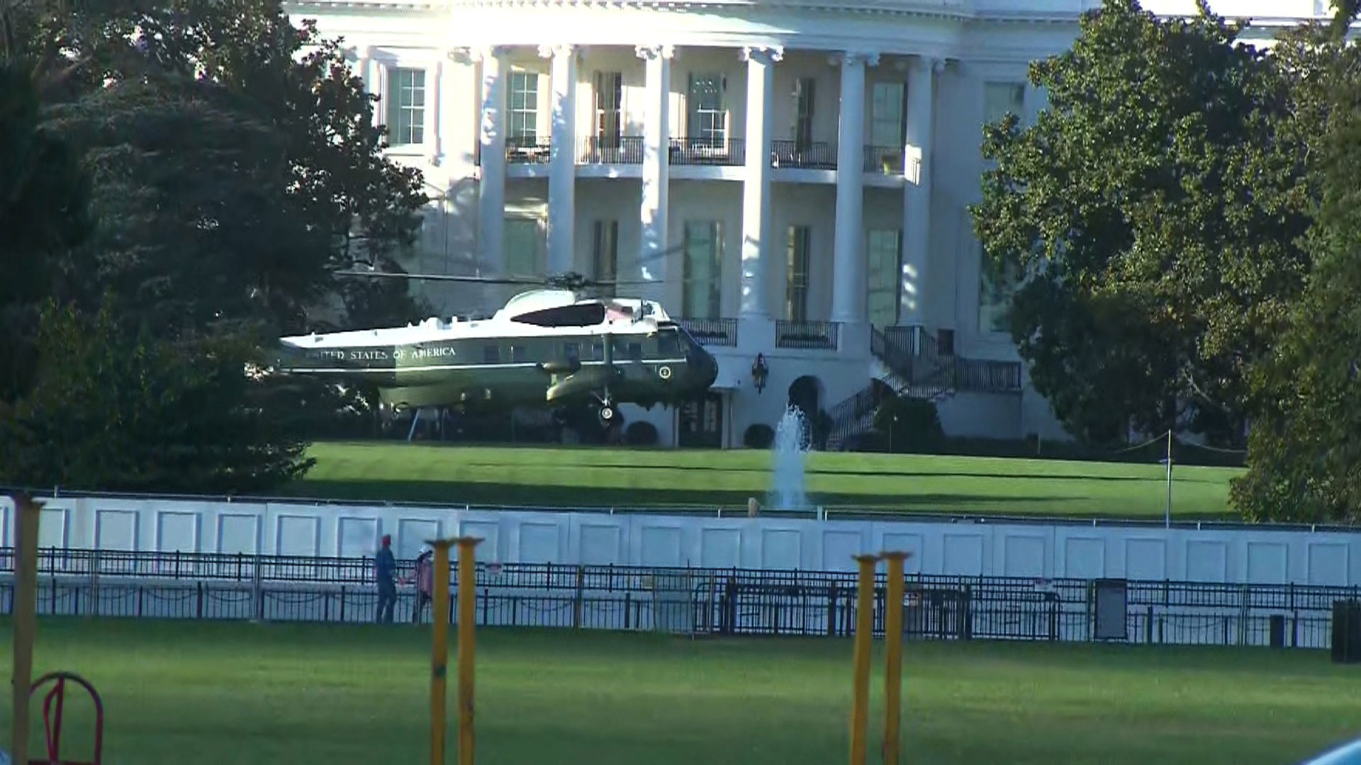 Marine One lands on the lawn of the White House on October 2 in Washington, DC.