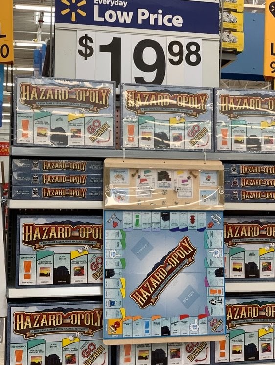 The board game 'Hazard-Opoly' on sale in toy section of Walmart in Hazard