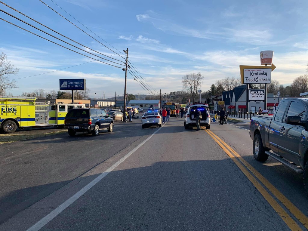 Whitley County school bus involved in collision in front of Harland Sanders Cafe and Museum in North Corbin on Highway 25W and KY 830 on 3-8-21
