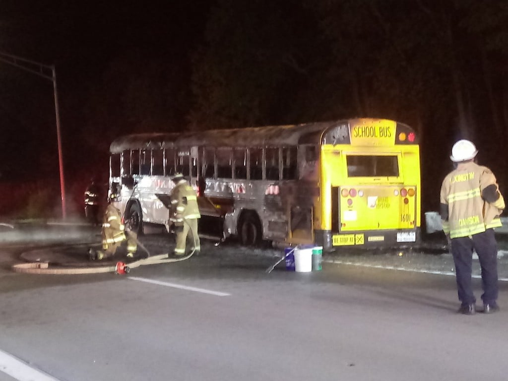 Scott County High School football team bus catches fire heading home from loss at Frederick Douglass 9-24-21 at on NB I-75 at the northern split