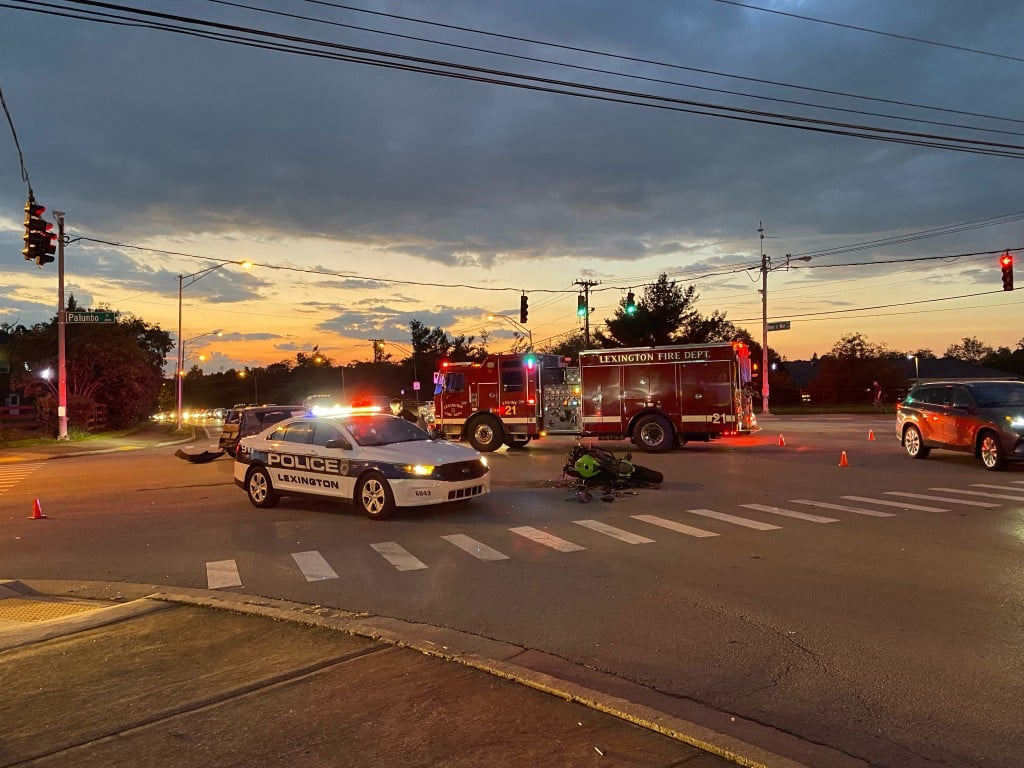 Motorcycle collides with car at Man O War and Palumbo in Lexington 10-8-21.  No serious injuries