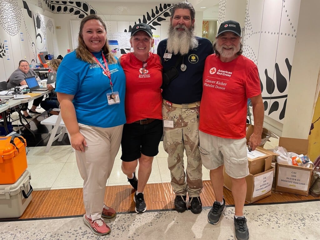 Kentucky Region Disaster Program Manager, Clair (left), with Western Kentucky Chapter volunteers September, Rickey and Leroy. All four are assisting with relief efforts in Hawaii.