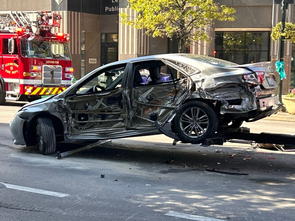 Damage to a car after a collision on Main Street (Dylan Scheid/WTVQ)