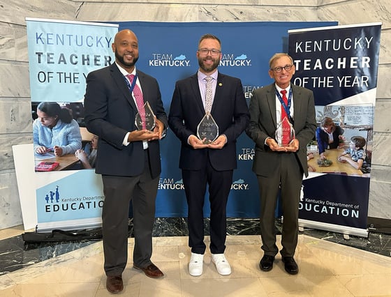 The Kentucky Department of Education announced the winner of the 2024 Kentucky Teacher of the Year award in a ceremony at the Capitol Rotunda on Sept. 13. Kumar Rashad, left, a mathematics teacher at Breckinridge Metropolitan High School (Jefferson County) was named the 2024 High School Teacher of the Year. Kevin Daily, center, a U.S. history teacher at Ballyshannon Middle School (Boone County), was named as the 2024 Kentucky Teacher of the Year and Kentucky Middle School Teacher of the Year. Donnie Wilkerson, right, a 5th-grade social studies teacher at Jamestown Elementary (Russell County), was named the 2024 Kentucky Elementary School Teacher of the Year. Photo by Marvin Young, Sept. 13, 2023