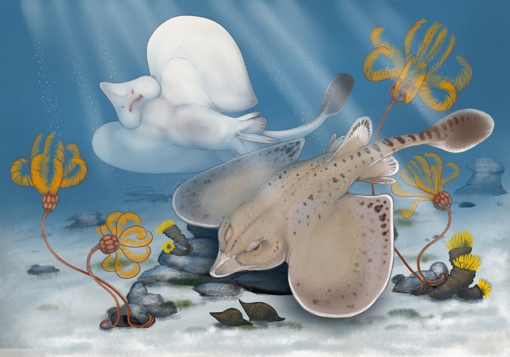 A new illustration of Strigilodus tollesonae created specially by artist Benji Paysnoe. The new species is more closely related to modern ratfish than to other modern sharks and rays. Illustration by artist Benji Paysnoe