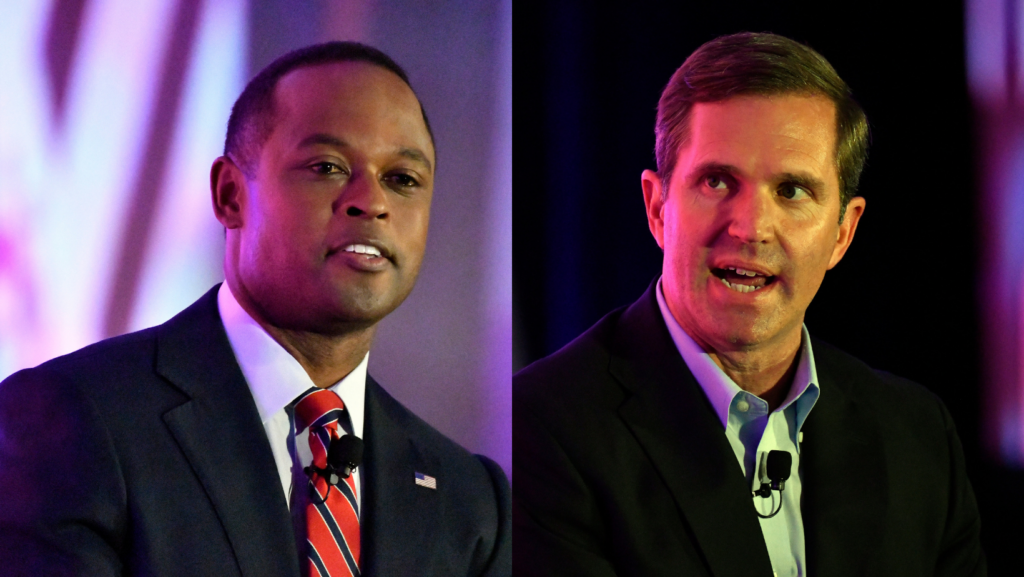 Daniel Cameron and Andy Beshear at gubernatorial debate on Oct. 16, 2023 (AP)