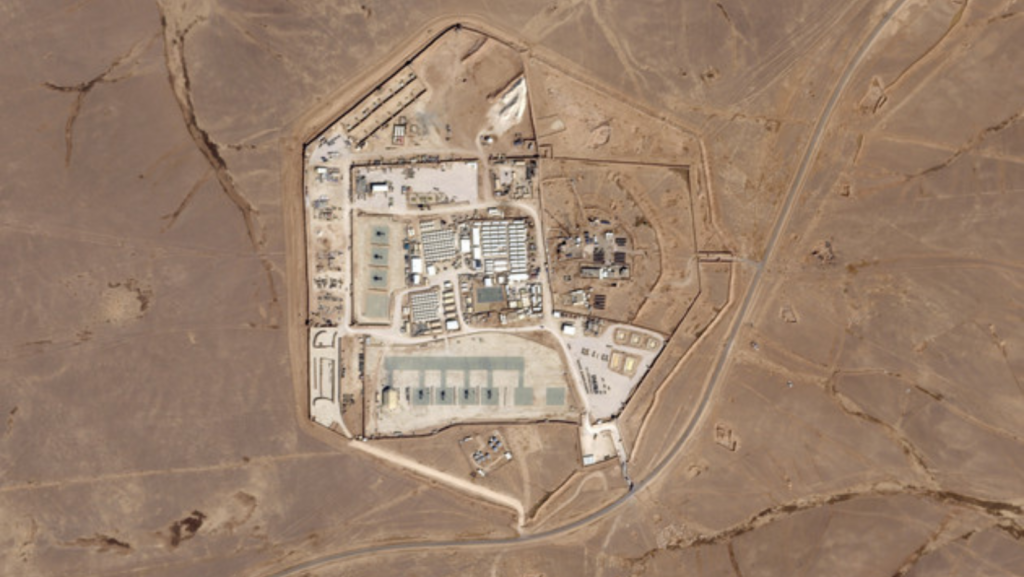 This satellite photo from Planet Labs PBC shows a military base known as Tower 22 in northeastern Jordan, on Oct. 12, 2023. Three American troops were killed and "many" were wounded Sunday, Jan. 28, 2024, in a drone strike in northeast Jordan near the Syrian border, President Joe Biden said. He blamed Iran-backed militia groups for the first U.S. fatalities after months of strikes against American forces across the Middle East amid the Israel-Hamas war. U.S. officials identified Tower 22 as the site of the attack. (Planet Labs PBC via AP)