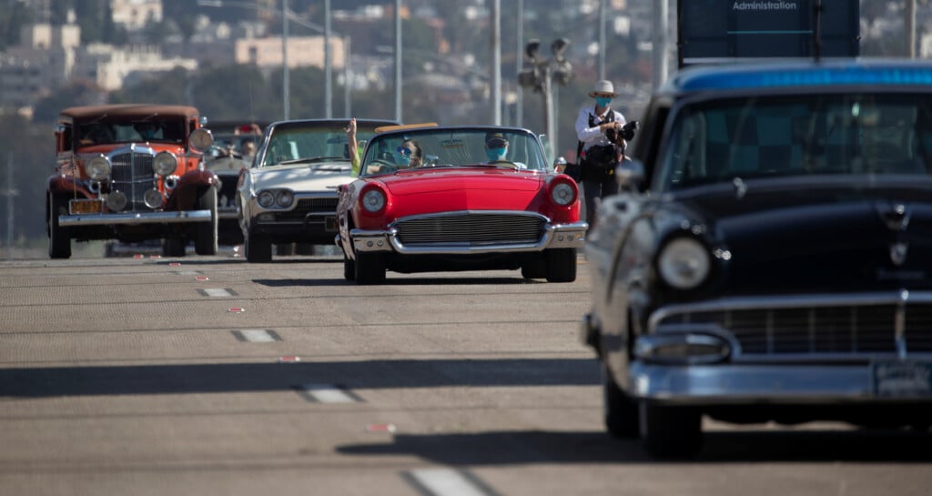 Vintage Cars Parade During The Reopening Ceremony For The Gerald Desmond Bridge In Long Beach