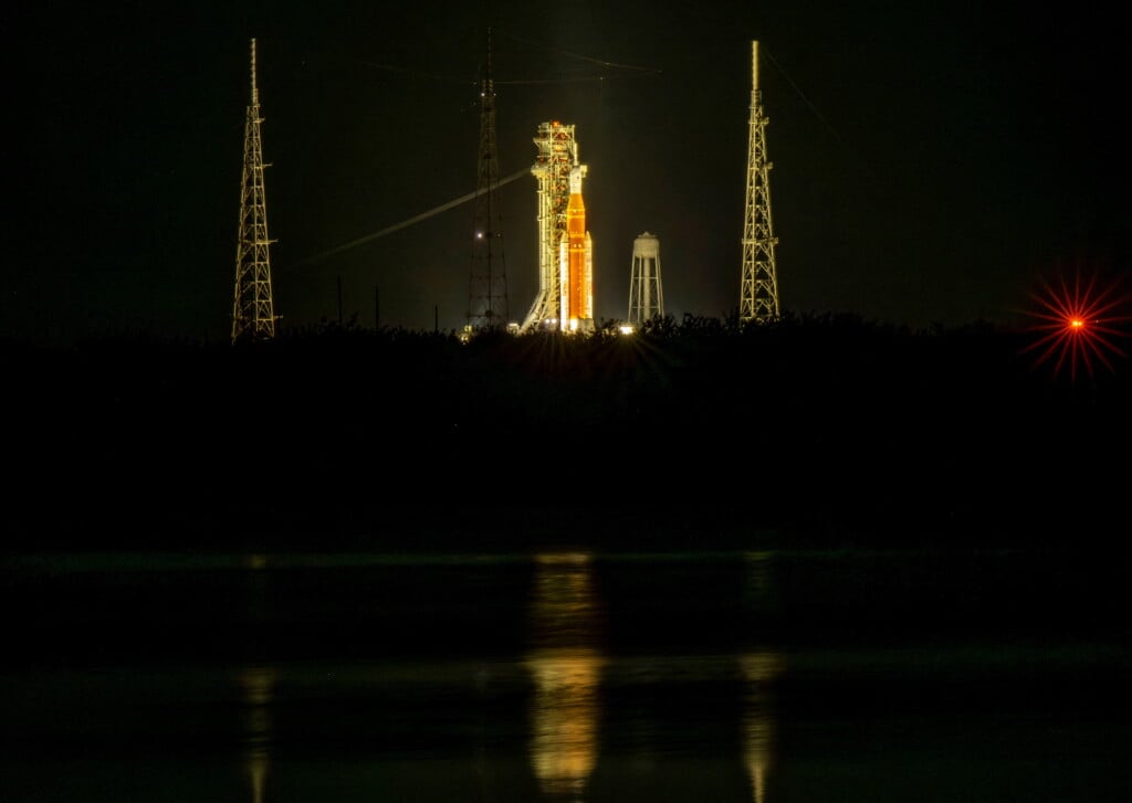 The Space Launch System (sls), With The Orion Crew Capsule, Stands At Launch Complex 39b