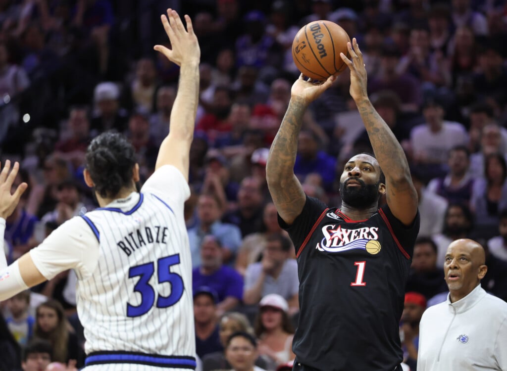 Apr 15, 2026; Philadelphia, Pennsylvania, Usa; Philadelphia 76ers Center Andre Drummond (1) Shoots In Front Of Orlando Magic Center Goga Bitadze (35) During The Third Quarter Of A Play In Round Of The 2026 Nba Playoffs At Xfinity Mobile Arena. Mandatory Cr