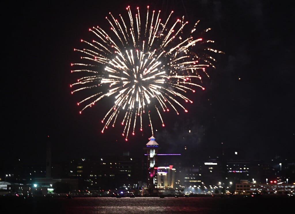 Fireworks Explode Above The Bicentennial Tower During Lights Over Lake Erie In Erie On July 3, 2025.