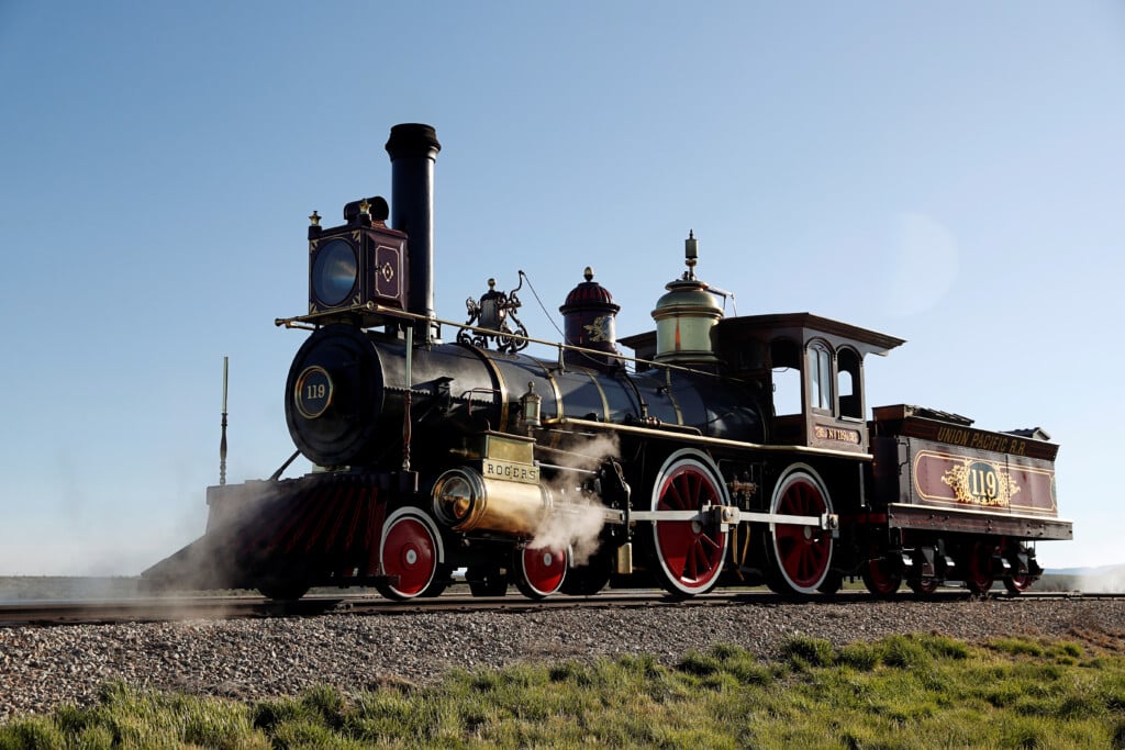 A Replica Of The Historic No. 119 Steam Locomotive Rolls Across Promontory Summit On The 150th Anniversary Of The Completion Of The Transcontinental Railroad At Golden Spike National Historical Park In Promontory