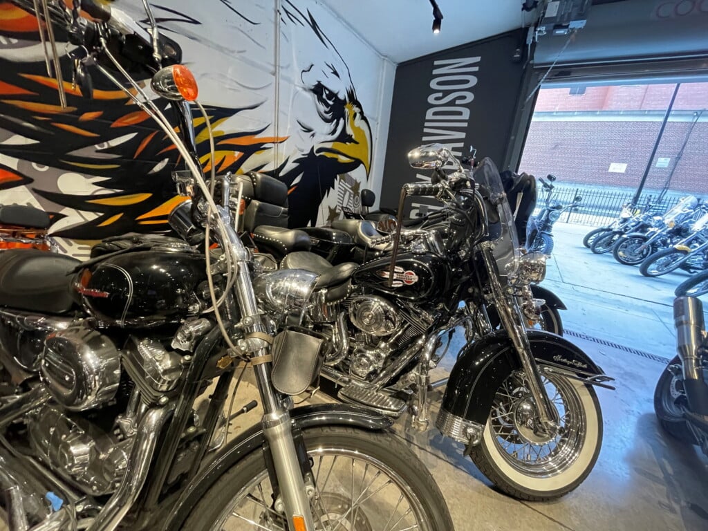 Harley Davidson Motorcycles Stand In A Garage At Harley Davidson Dealer, In Chicago