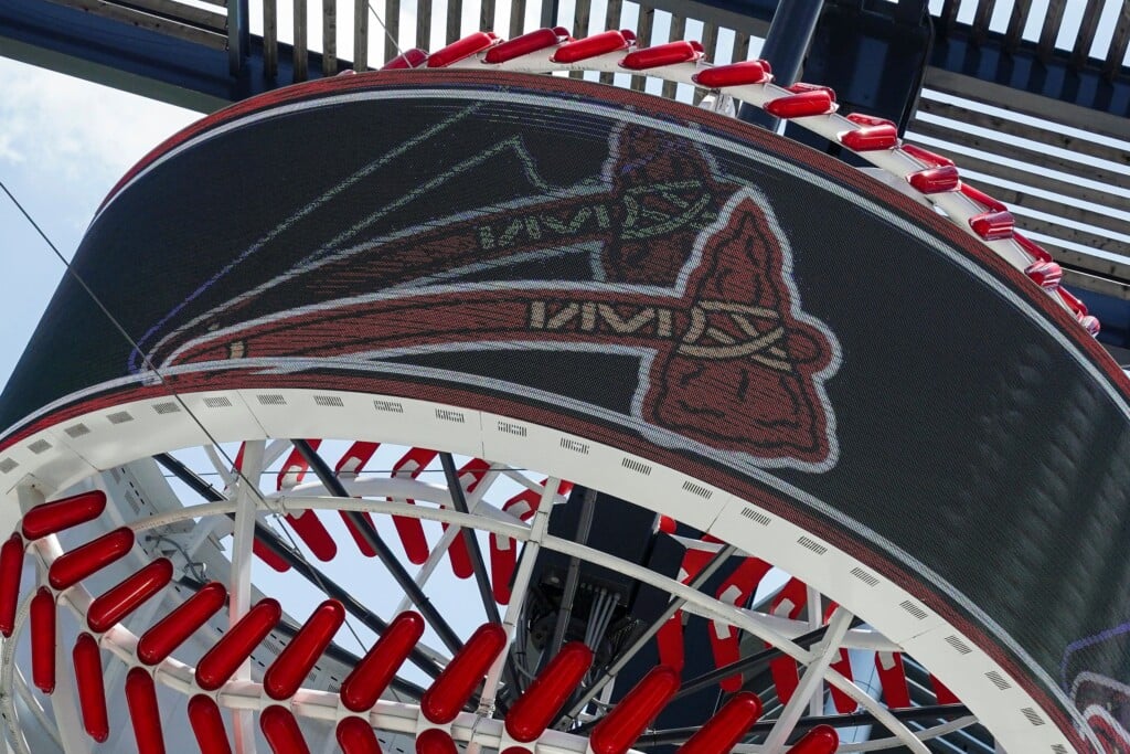 The Signature 'tomahawk Chop' Of The Major League Baseball (mlb) Team Atlanta Braves Is Seen On A Digital Display Outside Truist Park In Atlanta