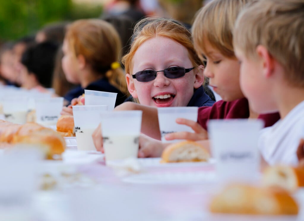 Students From Heritage K 8 Charter School Enjoy Glasses Of Milk After Eating Parts Of 51 Foot Peanut Butter And Jelly Sandwich On National Peanut Butter And Jelly Day In Escondido
