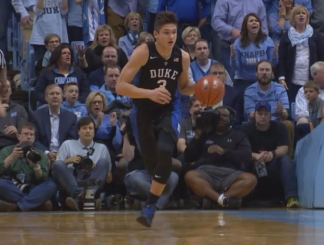 Duke's Grayson Allen brings the ball up the court in Chapel Hill on Feb. 17