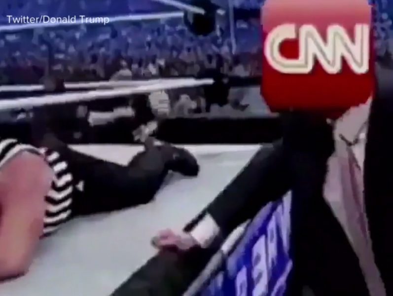 Donald Trump tweeted a mock video that shows him pummeling a man in a business suit - his face obscured by the CNN logo - outside a wrestling ring.