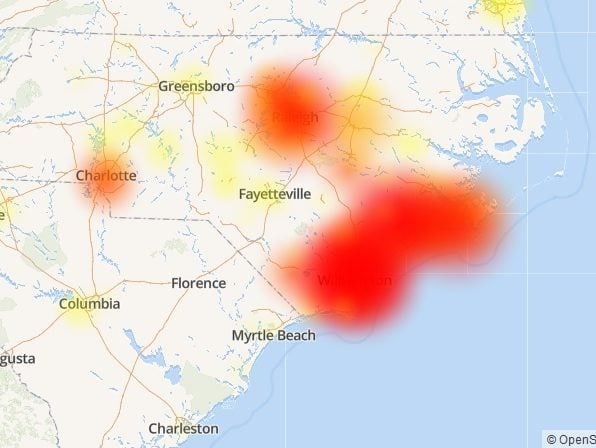 A map shows the extent of a Verizon outage in eastern NC on June 19. 2017. (Photo: DownDetector.com)