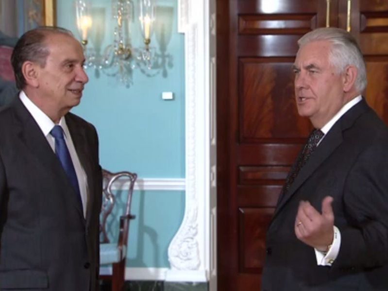 Secretary of State Rex Tillerson (right) talks about the decision to pull the US from the Paris climate accord as he meets with Brazilian Foreign Minister Aloysio Nunes Ferreira in Washington
