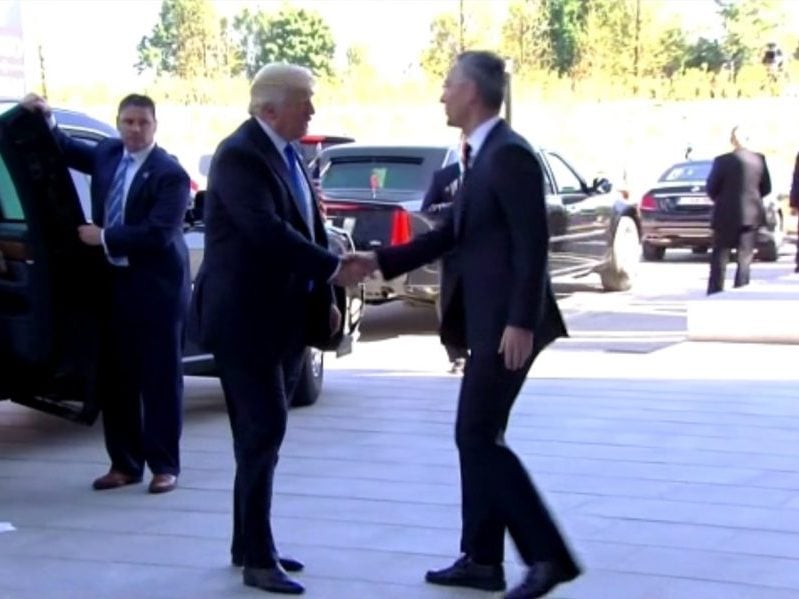 President Donald Trump arrives at NATO headquarters in Brussels on May 25