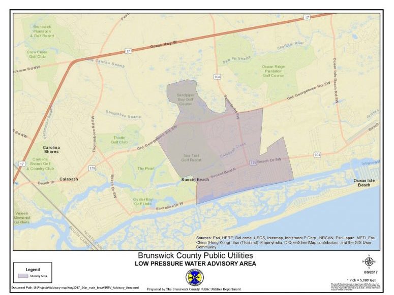 Brunswick County said the shaded area of the map is still under a system pressure advisory on Aug. 9