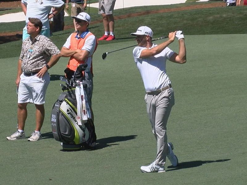 Dustin Johnson finishes a swing during the Pro-Am at the Wells Fargo Championship on May 3
