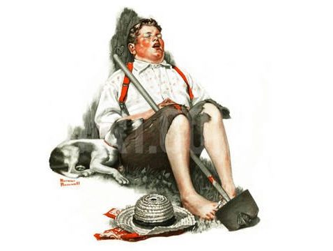 Lazybones or "Boy Asleep with Hoe" by Norman Rockwell