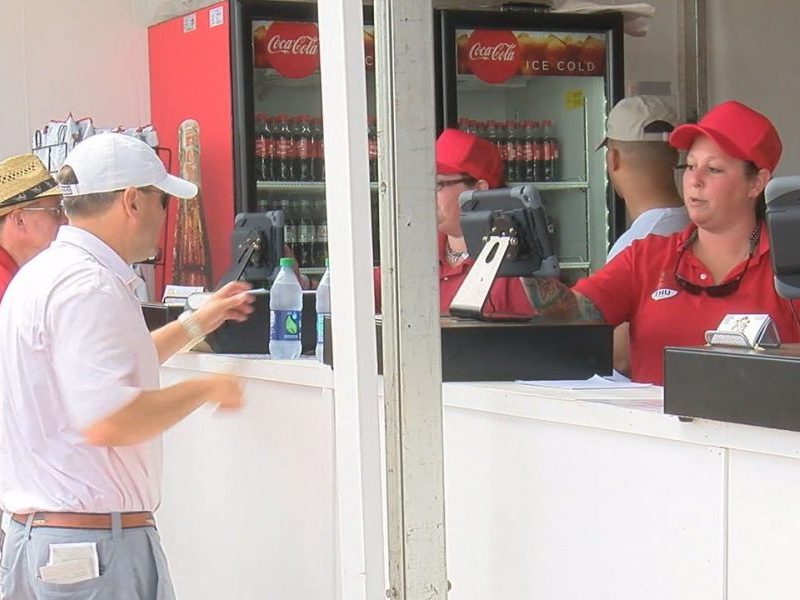 Customers visit Trolly Stop at the Wells Fargo Championship on May 4