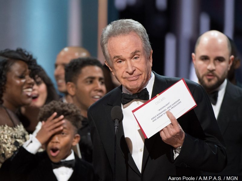 Warren Beatty holds up the correct envelope for Best Picture during the 89th Oscars on Feb. 26