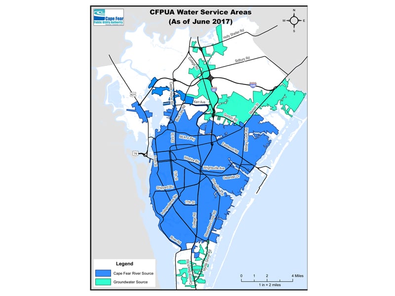 Areas shaded in blue receive water from the Sweeney Water Treatment Plant and areas in green receive water from various groundwater sources. Service areas are subject to change based on operational needs. (Map: CFPUA)