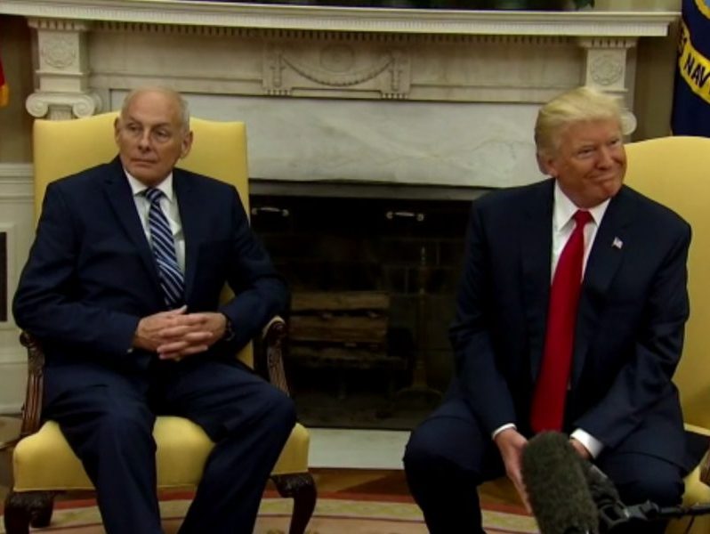 White House Chief of Staff John Kelly and President Donald Trump meet with reporters in the Oval Office on July 31