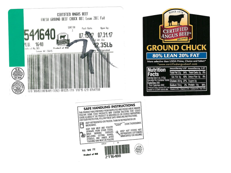Labels from packages of beef produced by JBS USA Inc. that were recalled on Aug. 1