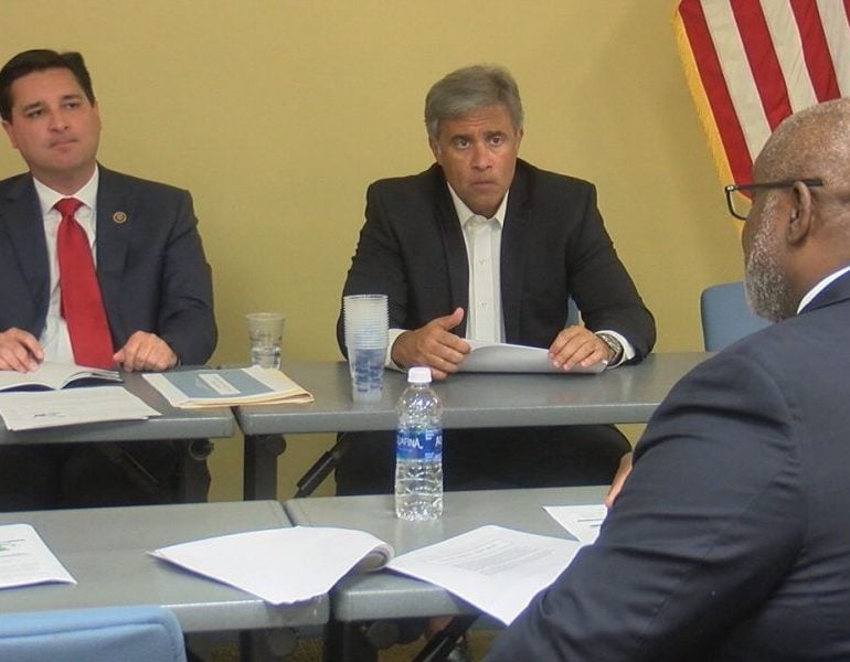 Congressman David Rouzer speaking to commissioner Jonathan Barfield on August 7