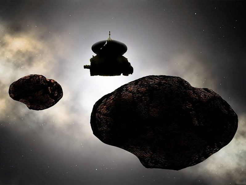 Artist's concept of NASAs New Horizons spacecraft flying by 2014 MU69 on Jan. 1
