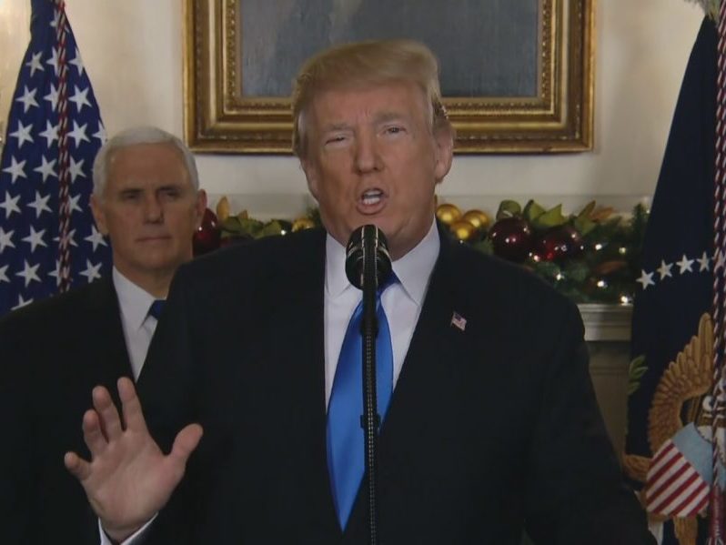 President Donald Trump announces the recognition of Jerusalem as Israel's capital as Vice President Mike Pence looks on at the White House on Dec. 6