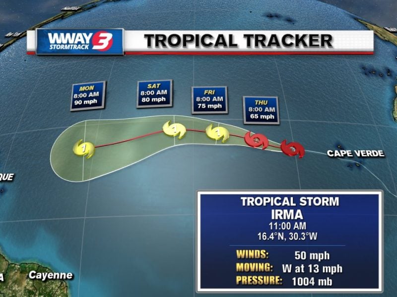 The track of Tropical Storm Irma as of 8-31-2017 at 11am