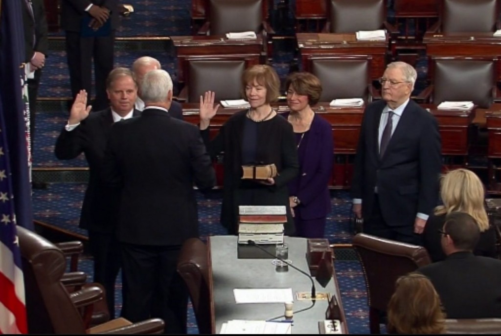 Vice President swears Doug Jones (D-Alabama) and Tina Smith (D-Minnesota) to the US Senate on Jan. 3