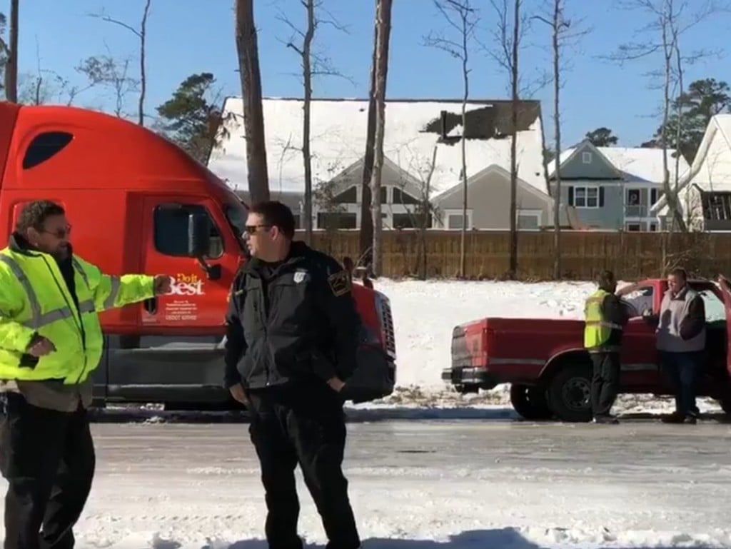An 18-wheeler and a pickup truck got stuck on NC 133 near Belville on Jan. 4
