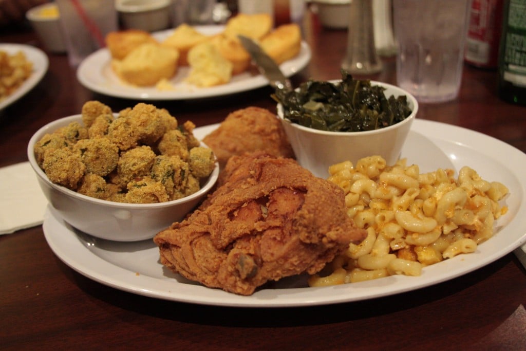 A traditional soul food dinner consisting of fried chicken with macaroni and cheese