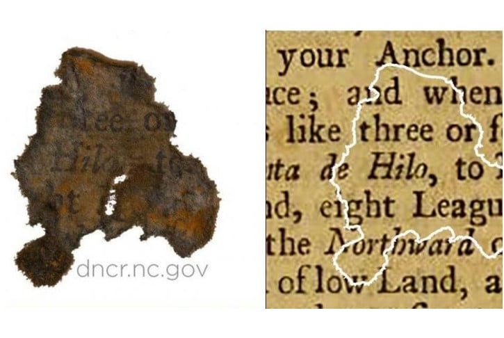 Researchers found a 300-year-old piece of a book page (left) in the wreckage of Blackbeard's Queen Anne's Revenge. (Photo: NC Department of Cultural Resources)