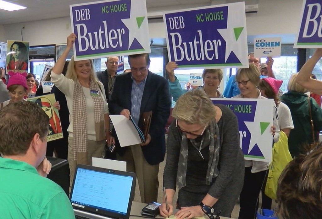 Rep. Deb Butler (D-District 18) files for reelection at the New Hanover County Board of Elections on Feb. 12